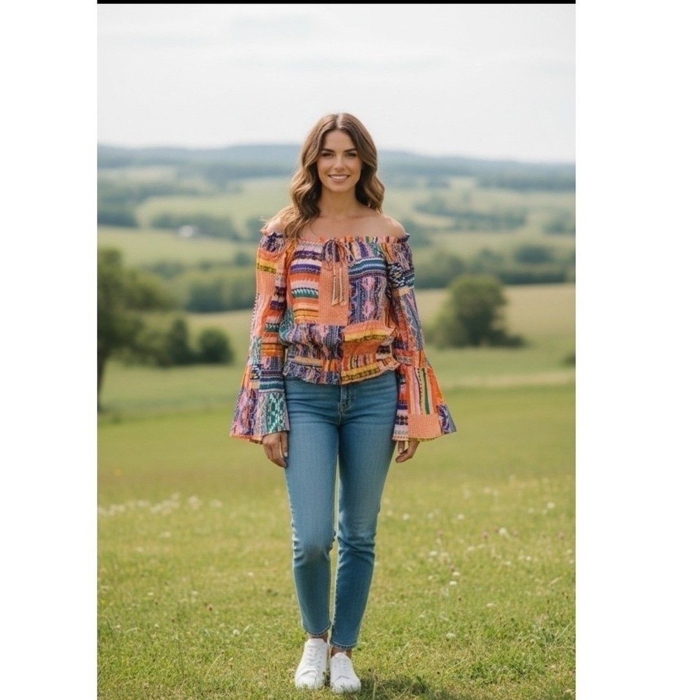 Womens Multicolor Patchwork Off Shoulder Bell Sleeve Crop Top Med Trendy Boho